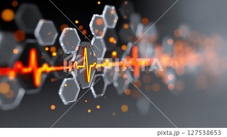 Digital Pulse. Abstract image of a glowing pulse line intersecting hexagons. Digital Pulse. Abstract image of a glowing pulse line intersecting hexagons. 127538653
