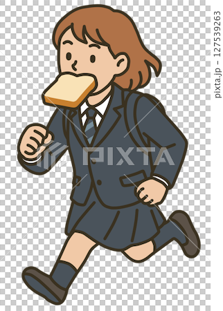 食パンをくわえて走る女性「AI生成画像」 127539263