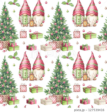 Watercolor Christmas gnomes in red hat seamless pattern. Xmas Tree, gift boxes. Scandinavian character New Year. Hand draw illustration isolated background. Textile, print, wrapping paper Watercolor Christmas gnomes in red hat seamless pattern. Xmas Tree, gift boxes. Scandinavian character New Year. Hand draw illustration isolated background. Textile, print, wrapping paper 127539416
