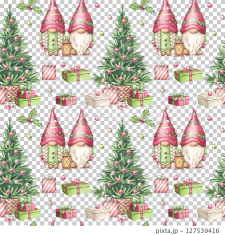 Watercolor Christmas gnomes in red hat seamless pattern. Xmas Tree, gift boxes. Scandinavian character New Year. Hand draw illustration isolated background. Textile, print, wrapping paper Watercolor Christmas gnomes in red hat seamless pattern. Xmas Tree, gift boxes. Scandinavian character New Year. Hand draw illustration isolated background. Textile, print, wrapping paper 127539416