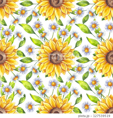 Watercolor sunflower, chamomile flower, green leaves seamless pattern. Wildflowers daisies floral botanical drawing. Hand drawn illustration isolated white background. Textile, print, wrapping paper Watercolor sunflower, chamomile flower, green leaves seamless pattern. Wildflowers daisies floral botanical drawing. Hand drawn illustration isolated white background. Textile, print, wrapping paper 127539519