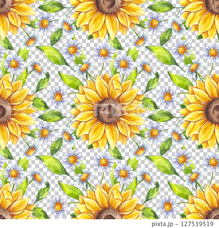 Watercolor sunflower, chamomile flower, green leaves seamless pattern. Wildflowers daisies floral botanical drawing. Hand drawn illustration isolated white background. Textile, print, wrapping paper Watercolor sunflower, chamomile flower, green leaves seamless pattern. Wildflowers daisies floral botanical drawing. Hand drawn illustration isolated white background. Textile, print, wrapping paper 127539519