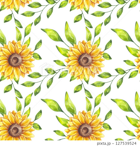 Watercolor yellow sunflower, green leaves seamless pattern. Wildflowers floral botanical drawing. Hand drawn illustration isolated white background. Textile, print, wrapping paper. Watercolor yellow sunflower, green leaves seamless pattern. Wildflowers floral botanical drawing. Hand drawn illustration isolated white background. Textile, print, wrapping paper. 127539524