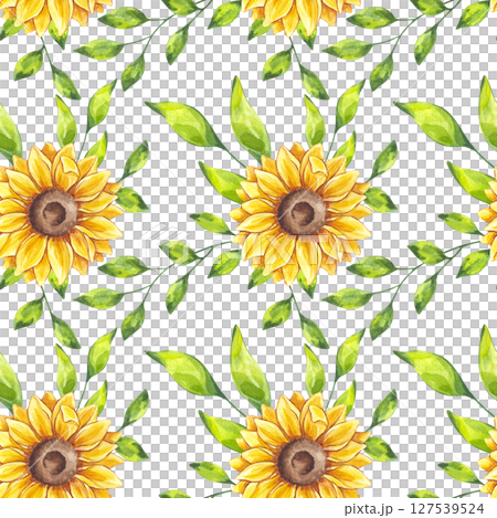 Watercolor yellow sunflower, green leaves seamless pattern. Wildflowers floral botanical drawing. Hand drawn illustration isolated white background. Textile, print, wrapping paper. Watercolor yellow sunflower, green leaves seamless pattern. Wildflowers floral botanical drawing. Hand drawn illustration isolated white background. Textile, print, wrapping paper. 127539524