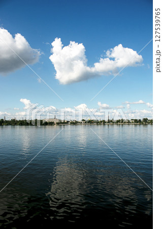 Panoramic view of left bank of the Dnieper River. Dnieper. Ukraine. Reflection of the sky with clouds on water surface. 127539765