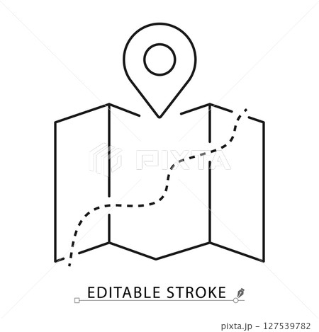 Map with route icon in minimal line style with editable stroke. Navigation element, travel symbol, folded paper map with location pin for journey planning, GPS visuals, trip design. 127539782