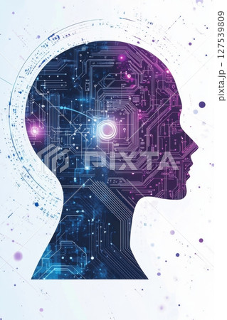 Silhouette of human head integrated with digital circuitry and futuristic tones 127539809