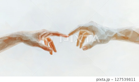 Two artistic hands reaching for touch in modern polygonal design Two artistic hands reaching for touch in modern polygonal design 127539811