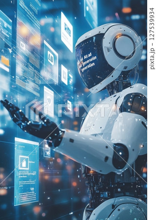 Advanced robot interacting with futuristic holographic display interfaces 127539934