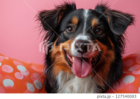 Joyful Australian Shepherd Dog Against a Pink Background with Polka Dots 127540083