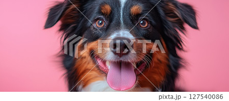 Smiling Australian Shepherd dog against pink background showcasing happy expression 127540086