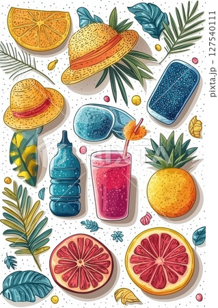 Colorful summer-themed clipart set with tropical items and vibrant illustrations Colorful summer-themed clipart set with tropical items and vibrant illustrations 127540111