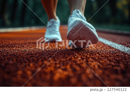 Close-up of a runner's shoes on an outdoor athletic track 127540122