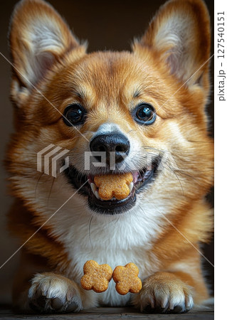 Close-up of a joyful corgi with treats balancing on its paws Close-up of a joyful corgi with treats balancing on its paws 127540151