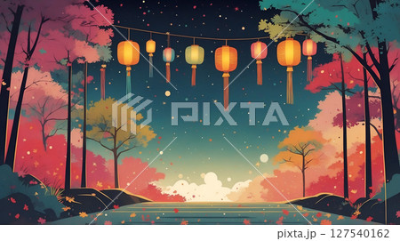 Colorful Lanterns Cast a Warm Glow along a Tranquil Forest Path during Evening Dusk 127540162