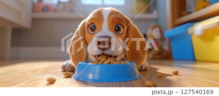 Adorable beagle puppy enjoying meal from blue bowl in cozy home setting 127540169