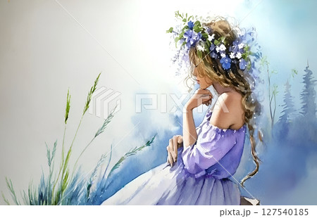 A serene girl wears a lavender dress and a floral wreath in a watercolor painting 127540185