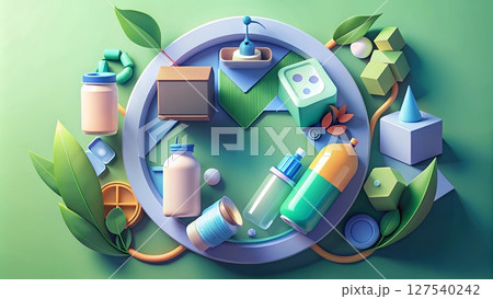 3D Recycling Symbols with Eco-Friendly Packaging, Green Background, Sustainable Concept 127540242