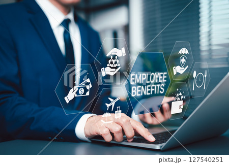 Employee Benefits and Compensation Strategy Concept. Icons representing employee benefits, including healthcare, insurance, vacation, financial perks, workplace incentives, and compensation strategy. 127540251