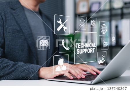 Technical support and customer service concept. Digital icon representing technical support, customer service, and 24-7 assistance. Business technology solutions for global support, service management 127540267