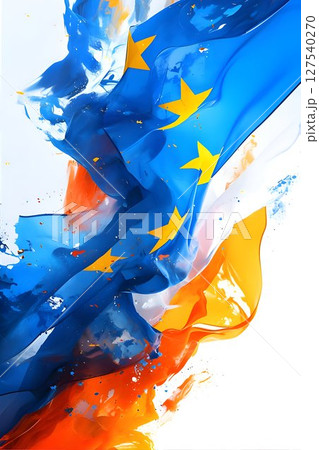 Flag has blue, white, orange colors and yellow stars 127540270