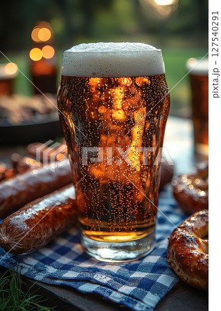 Glowing beer glass with sausages on rustic checkered cloth outdoors 127540291
