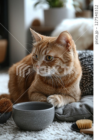 Ginger Cat Relaxing Indoors Beside a Gray Bowl and Brush Setup 127540312
