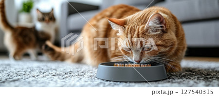Ginger cat eating from a gray bowl with another cat in the background Ginger cat eating from a gray bowl with another cat in the background 127540315