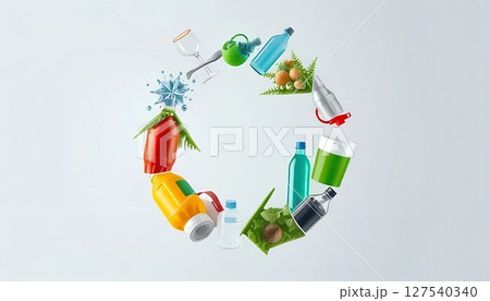 Minimalist Recycling Symbol with Eco-Friendly Products on White Background 127540340