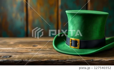 A Stylish Green Leprechaun Hat Positioned on a Rustic Wooden Table, Perfect for Celebrations A Stylish Green Leprechaun Hat Positioned on a Rustic Wooden Table, Perfect for Celebrations 127540352