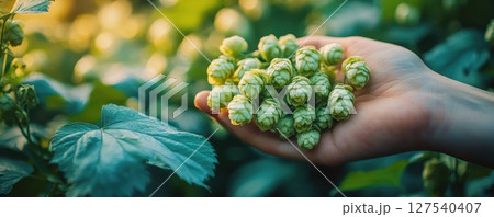 Close-up of hand holding fresh green hops in a sunny outdoor field 127540407