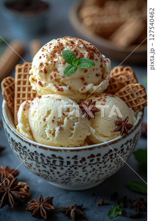A bowl of vanilla ice cream garnished with cinnamon, mint, and waffles 127540462