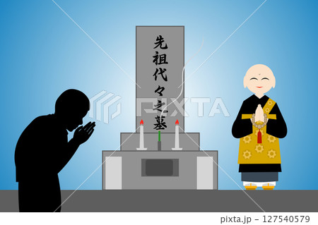 お墓参りとお坊さん 127540579