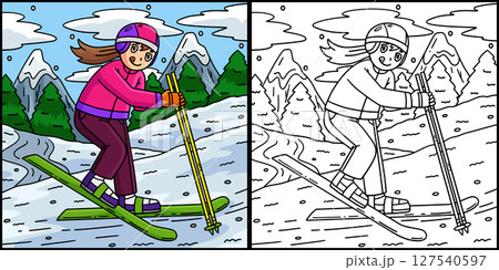 Skiing Girl Trying to Ski Coloring Illustration Skiing Girl Trying to Ski Coloring Illustration 127540597