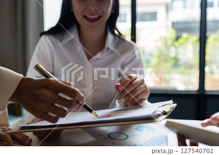 Business team collaboration discussing working with new projects, discussion and analysis and brainstorming to strategy planning making a profit of the company 127540702