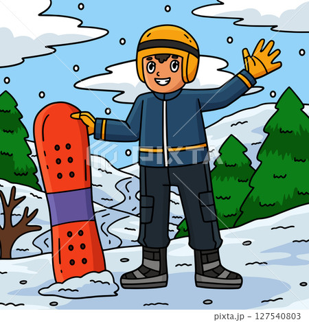 Snowboarding Boy Holding Snowboard Colored Cartoon Snowboarding Boy Holding Snowboard Colored Cartoon 127540803