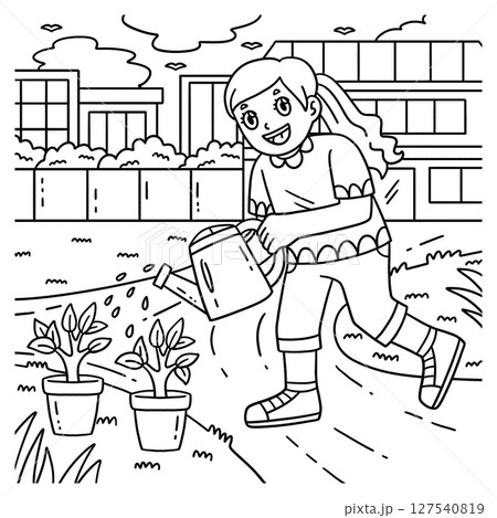 School Yard Girl Watering Plants School Coloring  127540819