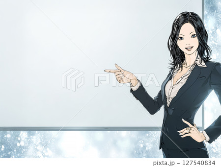 ホワイトボードを指さす笑顔のビジネスウーマンのイラスト素材 ホワイトボードを指さす笑顔のビジネスウーマンのイラスト素材 127540834