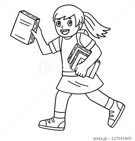 School Yard Girl with Books Isolated Coloring Page 127541005