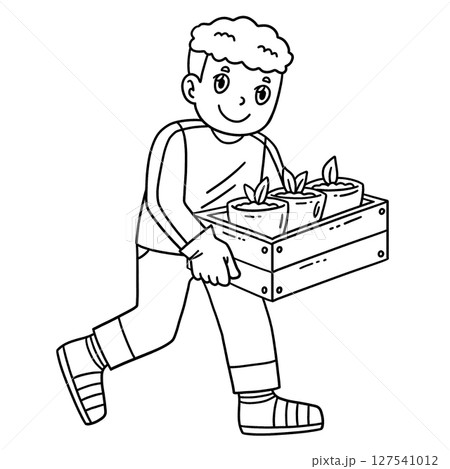 School Yard Boy Carrying Box of Seedlings Isolated 127541012