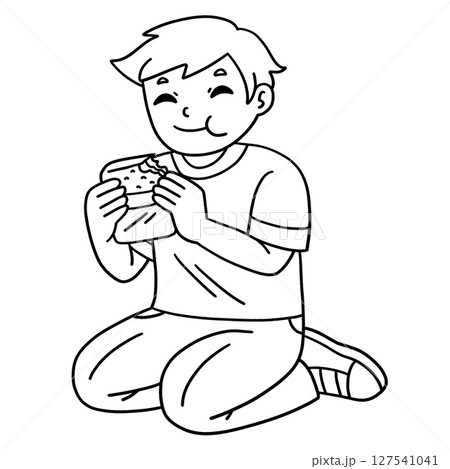 School Yard Boy Eating Lunch Isolated Coloring School Yard Boy Eating Lunch Isolated Coloring 127541041