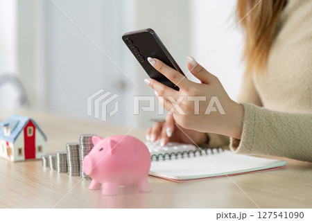 Home Budgeting and Financial Awareness. Woman using smartphone while managing savings. 127541090