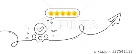 Approved group line icon. Continuous line with share plane. Accepted team sign. Human resources symbol. Five star rate review in speech bubble. Approved group single line ribbon. Vector Approved group line icon. Continuous line with share plane. Accepted team sign. Human resources symbol. Five star rate review in speech bubble. Approved group single line ribbon. Vector 127541118