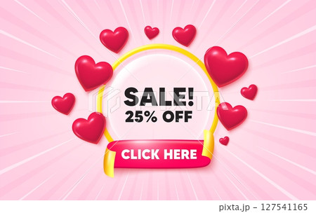 Sale sunburst ray banner. Click here flag ribbon. Sale 25 percent off discount. Promotion price offer sign. Retail badge symbol. 3d hearts glitter. Red ribbon tag. Discount offer. Vector 127541165