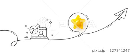 Online chemistry lab line icon. Continuous line with share plane. Laboratory flask sign. Analysis symbol. 3d star in speech bubble. Online chemistry single line ribbon. Loop curve pattern. Vector 127541247