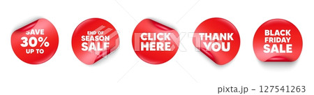 Discount sticker tag. Season sale, Black friday paper price banners. Save up to 30 percent tag. Discount Sale offer price sign. Special offer symbol. Thank you sticker. Vector 127541263