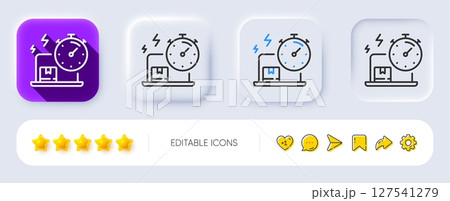 Delivery time line icon. Neumorphic, Flat shadow, 3d buttons. Parcel shipment sign. Online express service symbol. Line delivery online icon. Social media icons. Vector 127541279