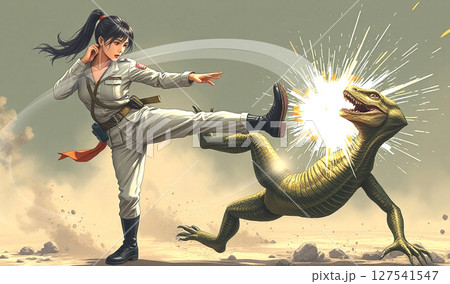 悪い宇宙人に回し蹴りを喰らわす女性自衛隊員 悪い宇宙人に回し蹴りを喰らわす女性自衛隊員 127541547