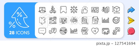 Lightning bolt, Inspect and Agreement document line icons. Interest rate, AI generate, Inflation icons. Pack of Technical algorithm, Blog, Fake news icon. Vector 127541694