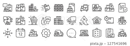Inventory line icons. Settings gear, Message, Inflation icons. Warehouse manager, Wholesale stock, Goods checklist. Delivery logistic, Box shelf, Warehouse distribution outline icons. Vector Inventory line icons. Settings gear, Message, Inflation icons. Warehouse manager, Wholesale stock, Goods checklist. Delivery logistic, Box shelf, Warehouse distribution outline icons. Vector 127541696